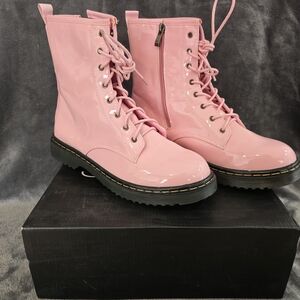 Patent Leather Glossy Pink Women's Combat Boots : SOHO shoes